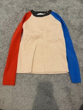 Alicedudu Colorblock Raglan Long Sleeve Top - Beige Body with Red & Blue Sleeves